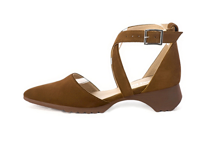 Dress heels closed-back crossed straps in caramel brown leather with  and  - Profile view